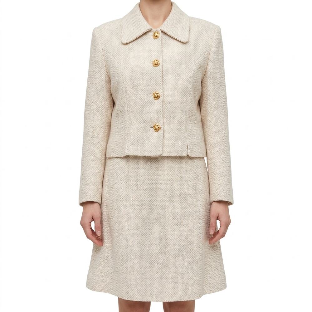 Bosch White Beige Cream Gold Button Luxury Regal Tweed Skirt Suit size 6 / L